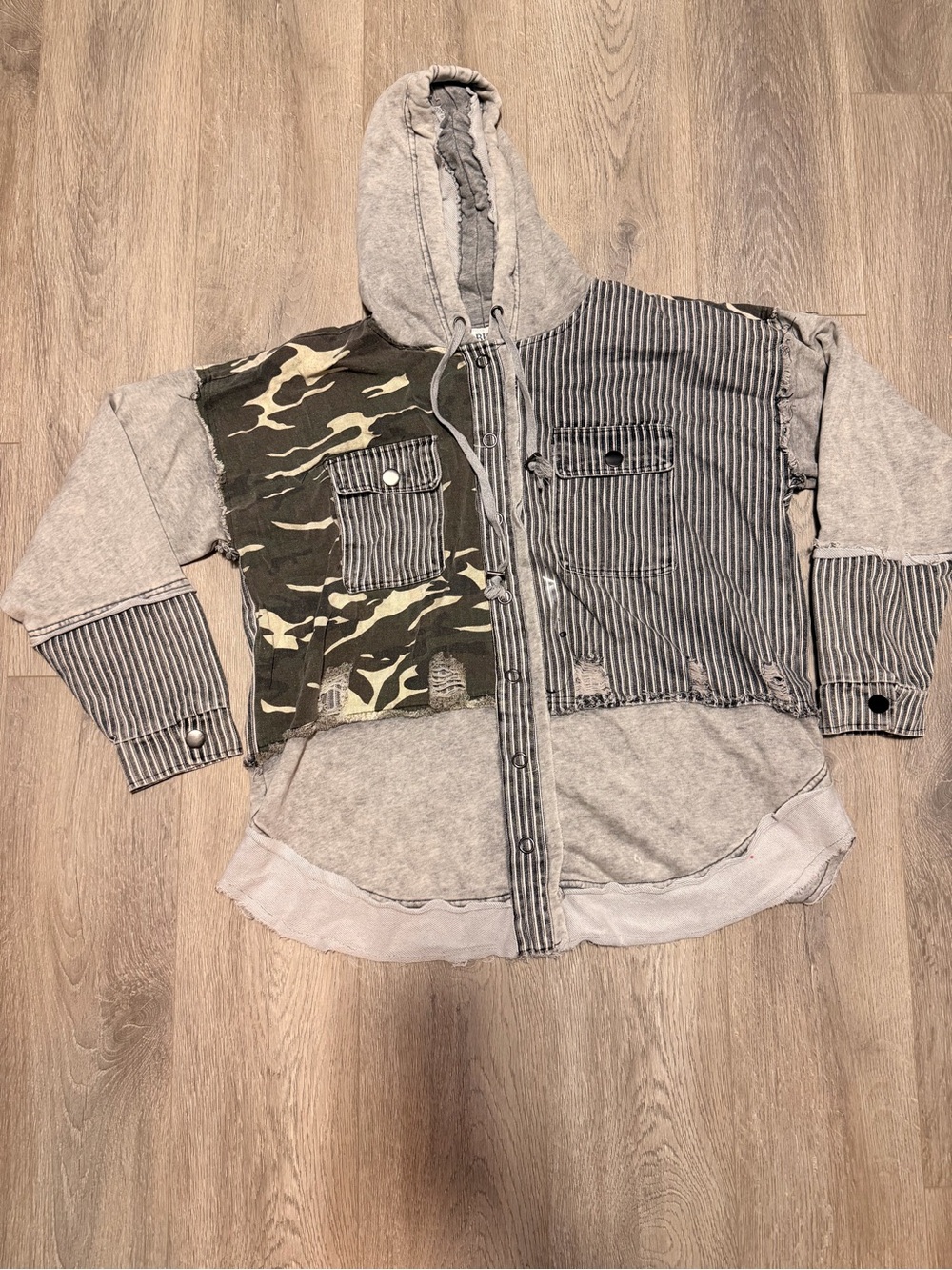 Buckle Mixed-Media Hooded Sweatshirt in Gray, Olive Camo